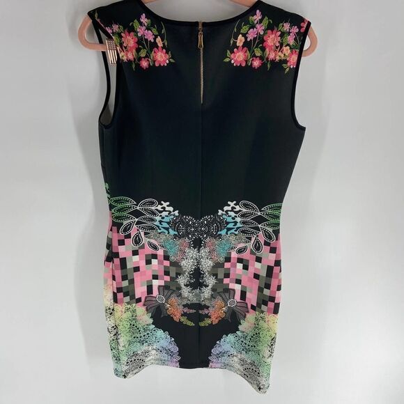 La Pateau Black pink floral abstract Graphic Scuba Sleeveless Dress womens m - Picture 3 of 6